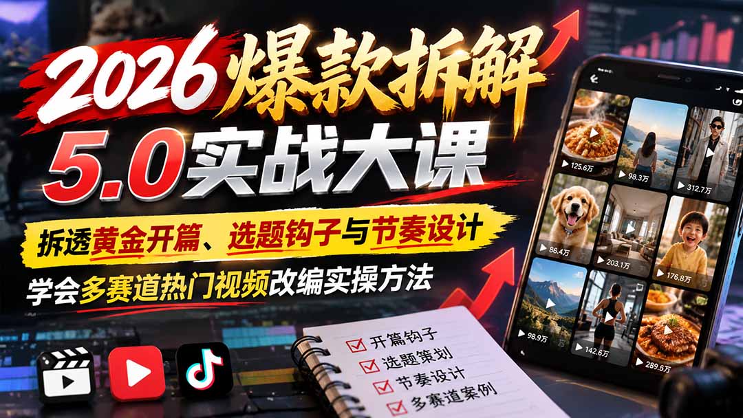 2026爆款拆解5.0实战大课：拆透黄金开篇、选题钩子与节奏设计，学会多赛道热门视频改编实操方法-造梦栈