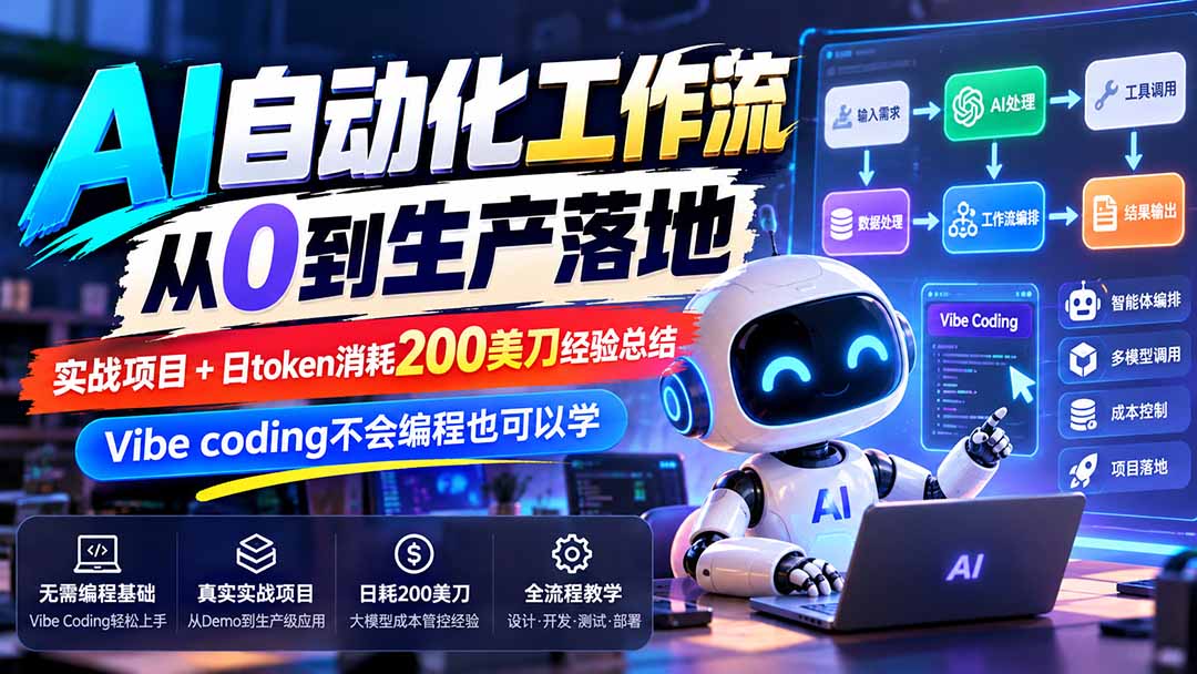 【无水印】AI自动化工作流从0到生产落地，实战项目+日token消耗200美刀经验总结，Vibe coding不会编程也可以学-造梦栈