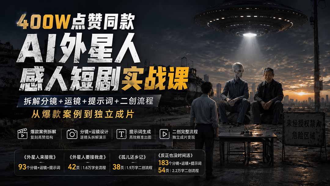 400W点赞同款AI外星人感人短剧实战课-更新1009：拆解分镜+运镜+提示词+二创流程，从爆款案例到独立成片-造梦栈