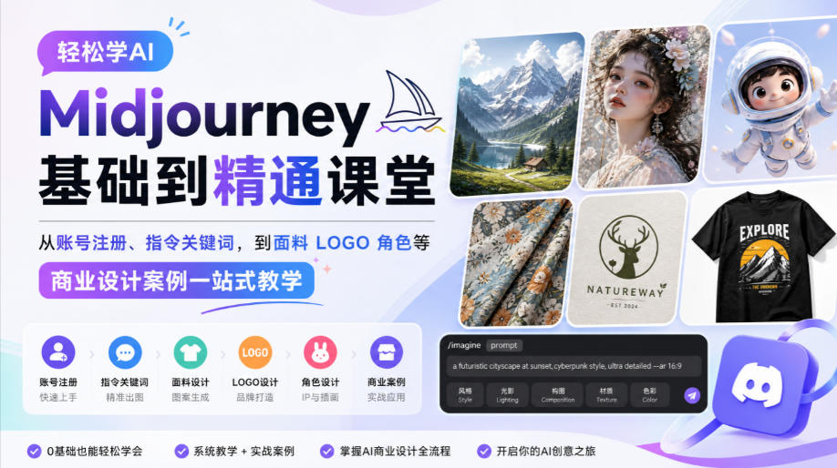 轻松学AI Midjourney基础到精通课堂，从账号注册、指令关键词，到面料LOGO角色等商业设计案例一站式教学-造梦栈