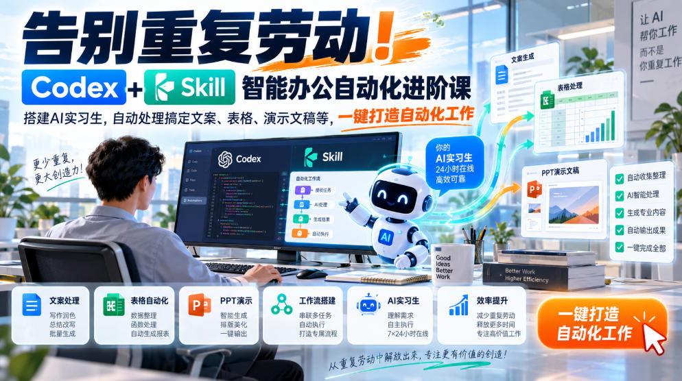 告别重复劳动！Codex+Skill智能办公自动化进阶课｜搭建AI实习生，自动处理搞定文案、表格、演示文稿等，一键打造自动化工作-造梦栈