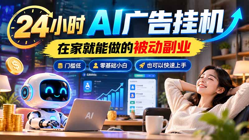 24小时AI广告挂机｜在家就能做的被动副业，门槛低，零基础小白也可以快速上手-造梦栈