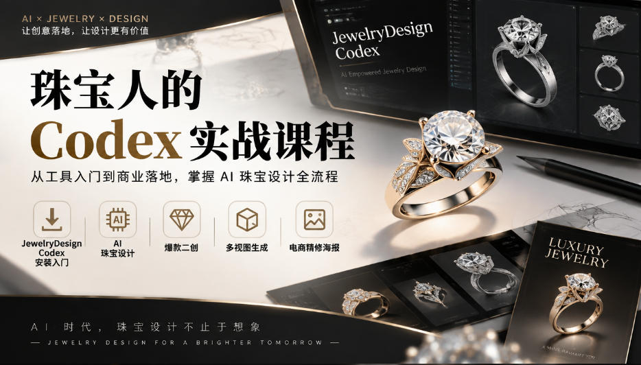 珠宝人的Codex实战课程｜JewelryDesign Codex安装入门、AI珠宝设计、爆款二创、多视图生成、电商精修海报全链路教学-造梦栈
