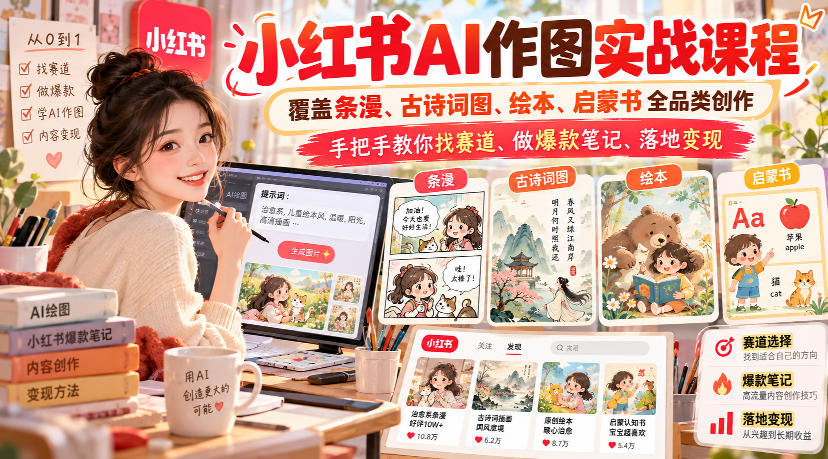 小红书AI作图实战课程，覆盖条漫、古诗词图、绘本、启蒙书全品类创作，手把手教你找赛道、做爆款笔记、落地变现(更新1017)-造梦栈