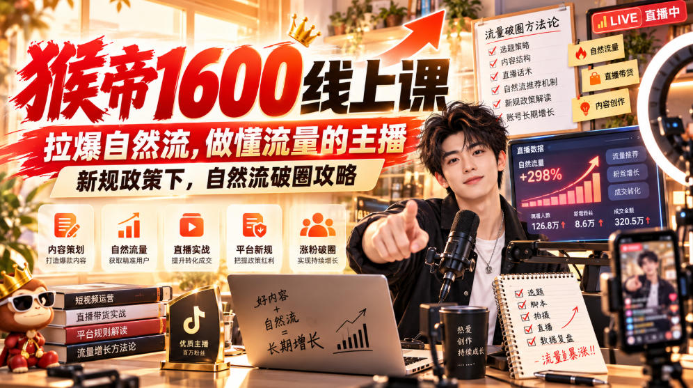 猴帝1600线上课，拉爆自然流，做懂流量的主播，新规政策下，自然流破圈攻略【更新261017】-造梦栈