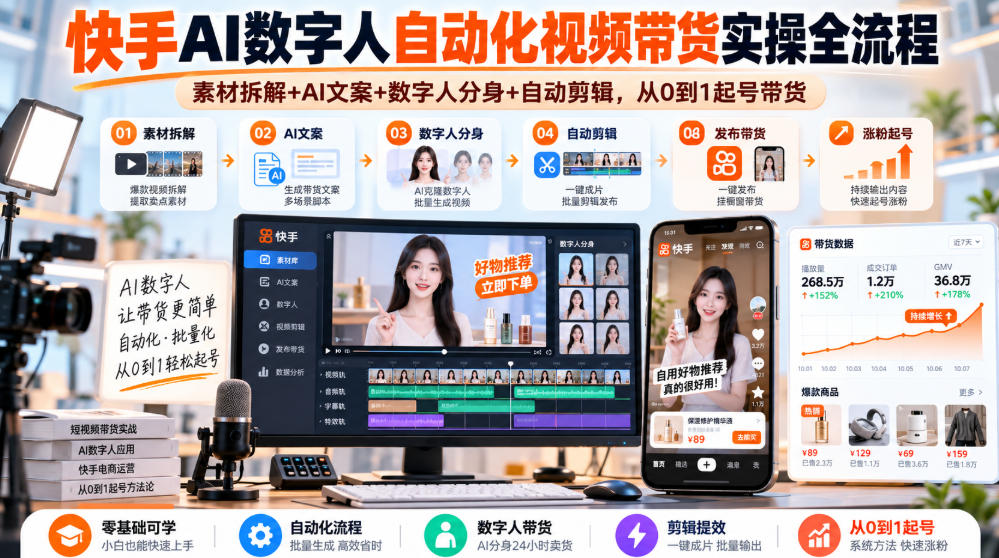 快手AI数字人自动化视频带货实操全流程｜素材拆解+AI文案+数字人分身+自动剪辑，从0到1起号带货(更新26年)-造梦栈