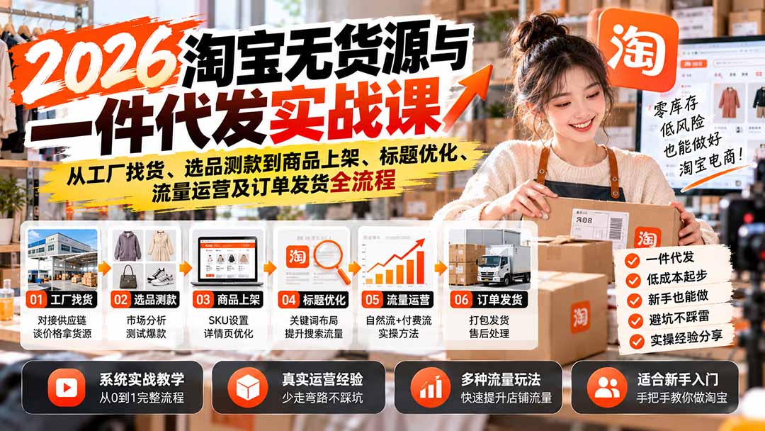 2026淘宝无货源与一件代发实战课：从工厂找货、选品测款到商品上架、标题优化、流量运营及订单发货全流程-造梦栈