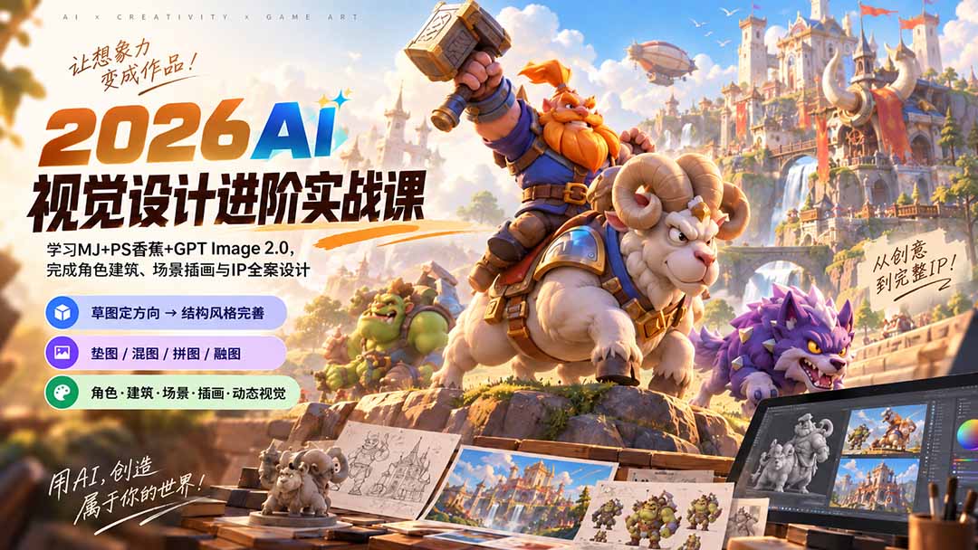 2026AI视觉设计进阶实战课-更新1007：学习MJ+PS香蕉+GPT Image 2.0，完成角色建筑、场景插画与IP全案设计-造梦栈