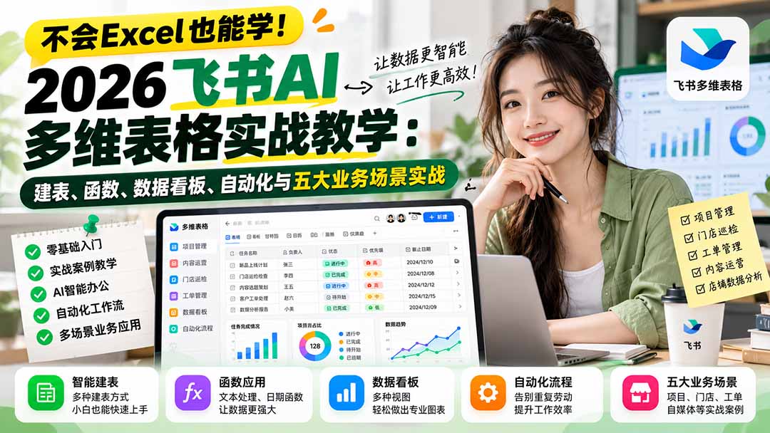 不会Excel也能学！2026飞书AI多维表格实战教学：建表、函数、数据看板、自动化与五大业务场景实战-造梦栈
