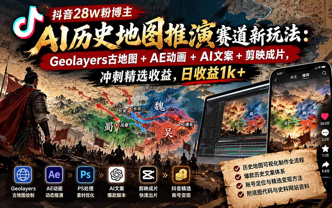 抖音28W粉博主AI历史地图推演赛道新玩法：Geolayers古地图+AE动画+AI文案+剪映成片，冲刺精选收益，日收益1k+-造梦栈