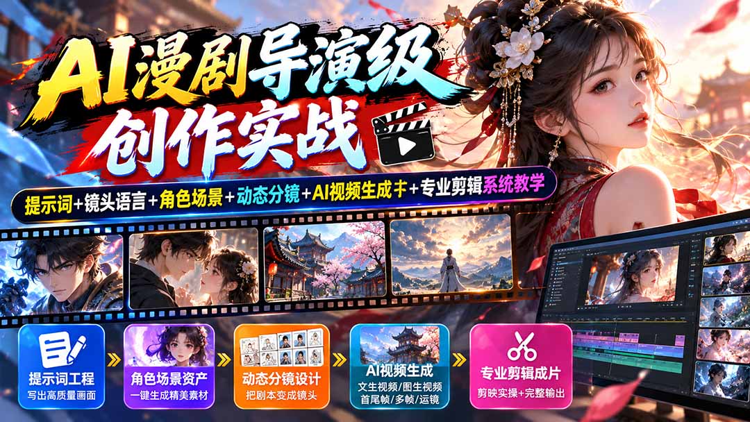 AI漫剧导演级创作实战：提示词+镜头语言+角色场景+动态分镜+AI视频生成+专业剪辑系统教学-造梦栈