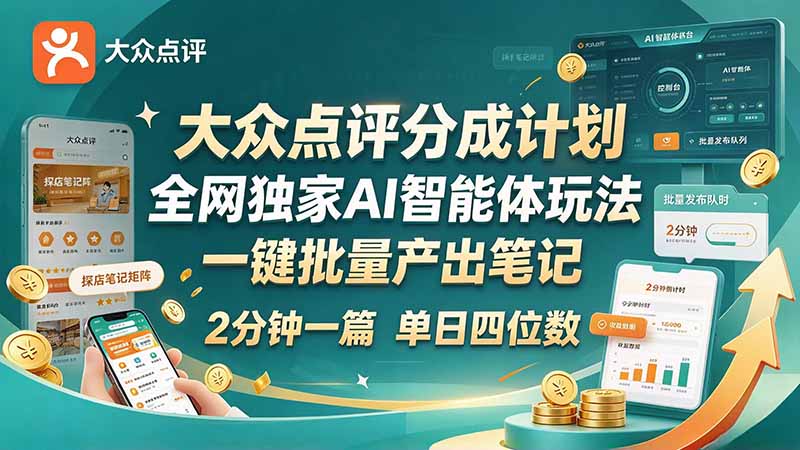 最新大众点评分成计划 全网独家 AI 智能体玩法，一键批量产出笔记，2 分钟一篇，新手直接跑出单日四位数-造梦栈