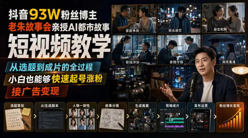 抖音93W粉丝博主老朱故事会亲授AI都市故事短视频教学，从选题到成片的全过程，小白也能够快速起号涨粉接广告变现-造梦栈