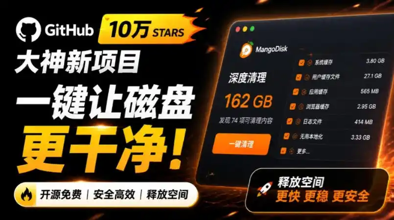 在Gtihub上做出10万stars的大神，又发布新项目了！一键让磁盘更干净，开源免费清理工具MangoDisk-造梦栈
