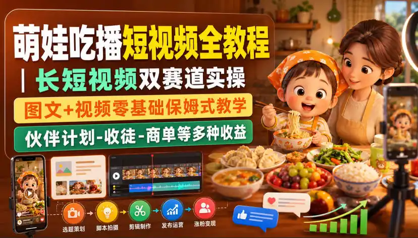 萌娃吃播短视频全教程｜长短视频双赛道实操，图文+视频零基础保姆式教学，伙伴计划-收徒-商单等多种变现方式-造梦栈
