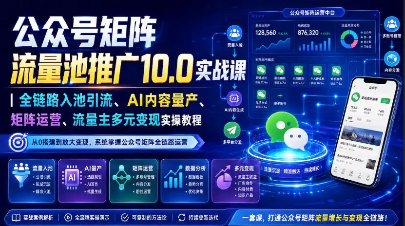 公众号矩阵流量池推广10.0实战课｜全链路入池引流、AI内容量产、矩阵运营、流量主多元变现实操教程-造梦栈