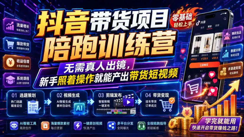 抖音带货项目陪跑训练营，无需真人出镜，新手照着操作就能产出带货短视频(更新0811)-造梦栈