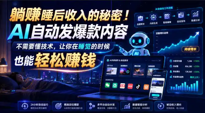 躺賺睡后收入的秘密！AI自动发爆款内容，不需要懂技术，让你在睡觉的时候也能轻松賺钱【原创双语字幕】-造梦栈