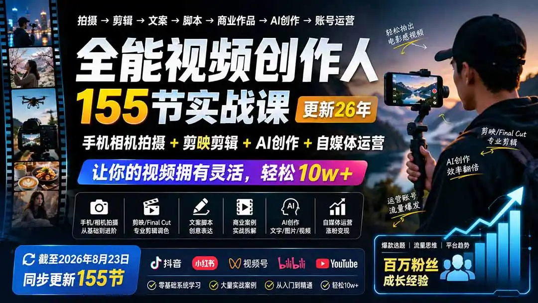 全能视频创作人155节实战课-更新26年8月：手机相机拍摄+剪映剪辑+AI创作+自媒体运营，让你的视频拥有灵活，轻松10w-造梦栈