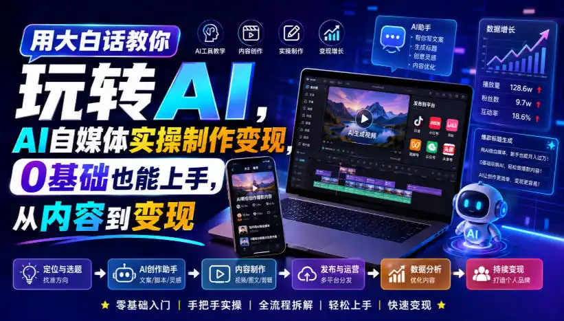 用大白话教你玩转AI，AI自媒体实操制作变现，0基础也能上手，从内容到变现-造梦栈