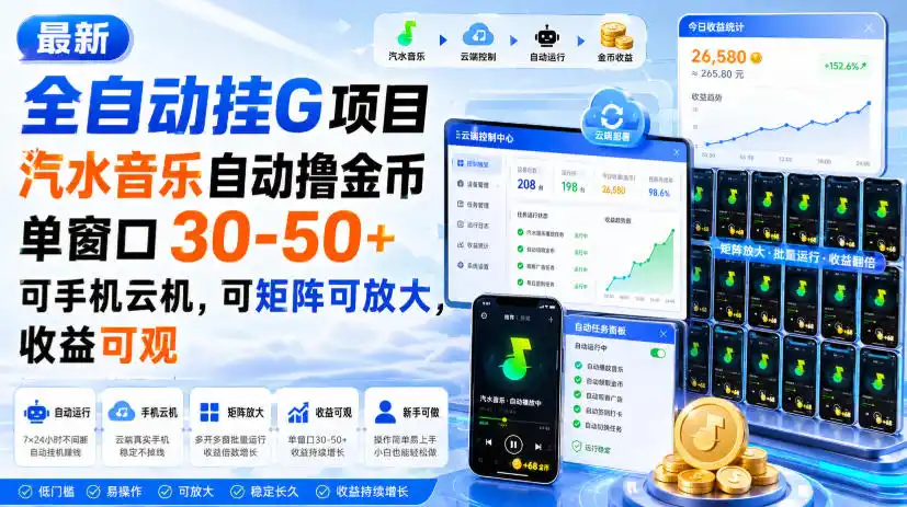最新全自动挂G项目，汽水音乐自动撸金币单窗口30-50+，可手机云机，可矩阵可放大，收益可观-造梦栈