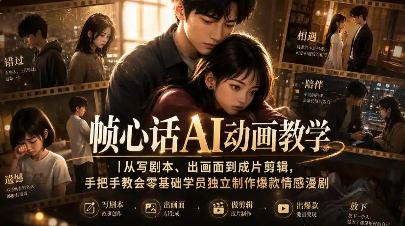 帧心话AI动画教学｜从写剧本、出画面到成片剪辑，手把手教会零基础学员独立制作爆款情感漫剧-造梦栈