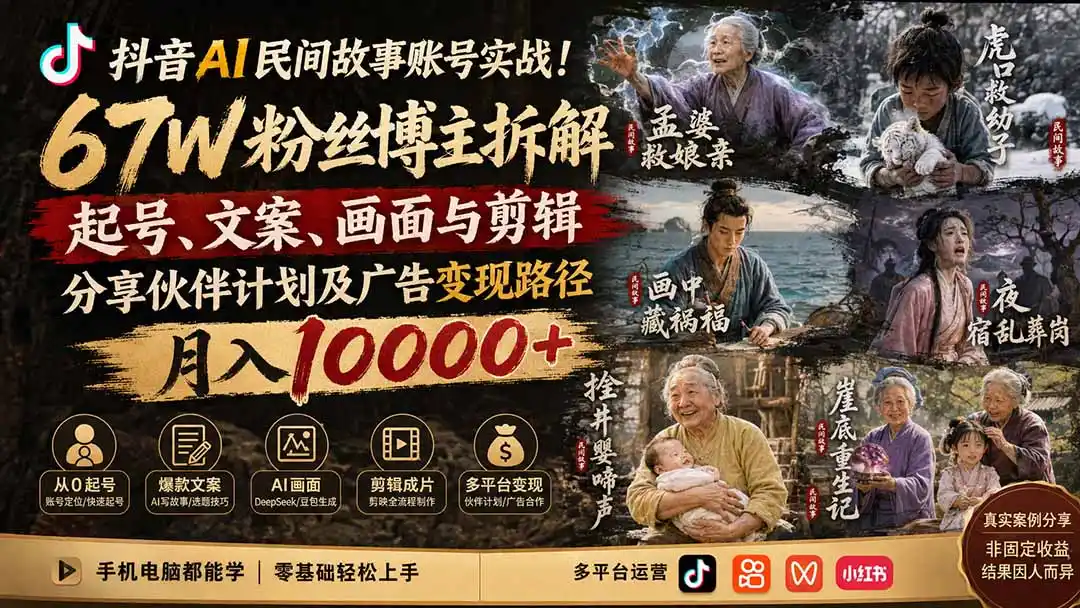抖音AI民间故事账号实战！67W粉丝博主拆解起号、文案、画面与剪辑，分享伙伴计划及广告变现路径，月入10000+-造梦栈