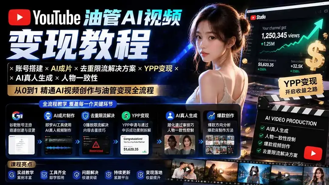 YouTube油管AI视频变现教程-更新：账号搭建×AI成片×去重限流解决方案×YPP变现×AI真人生成×人物一致性-造梦栈