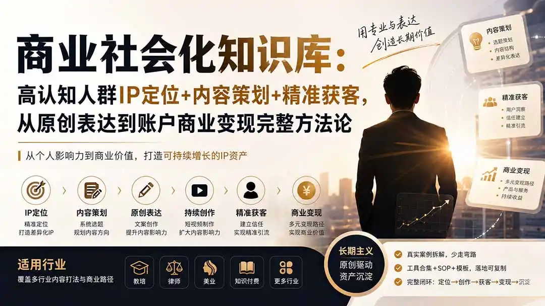 商业社会化知识库：高认知人群IP定位+内容策划+精准获客，从原创表达到账户商业变现完整方法论-造梦栈