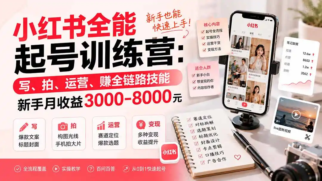 小红书全能起号训练营-更新：写、拍、运营、赚全链路技能，新手月收益3000-8000元-造梦栈
