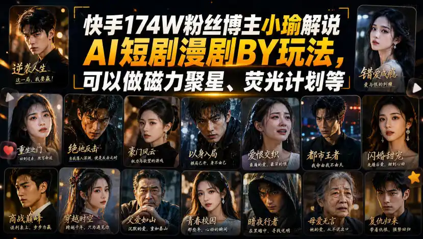 快手174W粉丝博主小瑜解说AI短剧漫剧搬运玩法，可以做磁力聚星、荧光计划等-造梦栈