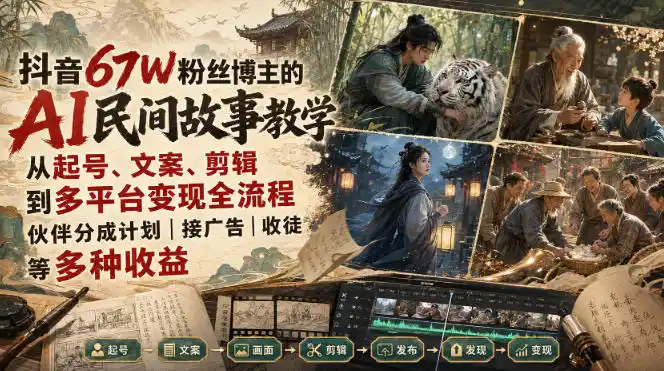 抖音67W粉丝博主的AI民间故事教学，从起号、文案、剪辑到多平台变现全流程，伙伴分成计划接广告等多种收益，月入1W+-造梦栈