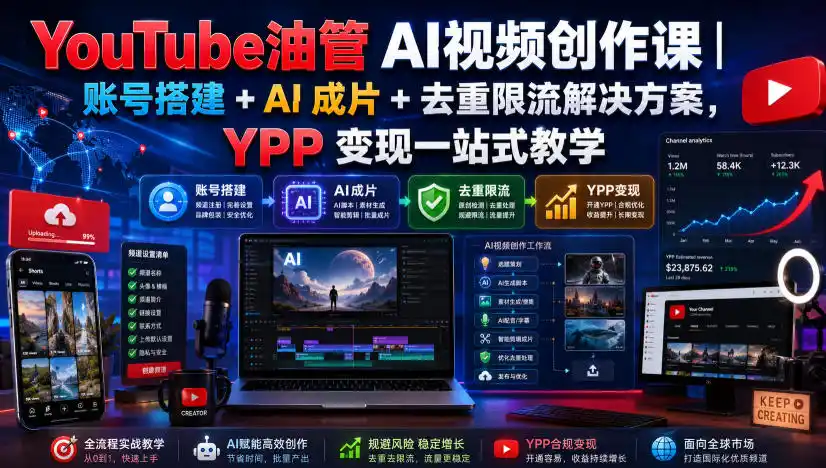 YouTube油管AI视频创作课｜账号搭建+AI成片+去重限流解决方案，YPP变现一站式教学(更新0809)-造梦栈