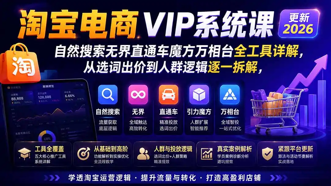 淘宝电商VIP系统课-更新8月；自然搜索无界直通车魔方万相台全工具详解，从选词出价到人群逻辑逐一拆解-造梦栈