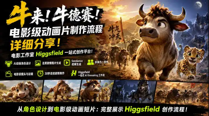 牛来！牛德赛！电影级动画片制作流程详细分享！电影工作室Higgsfield一站式创作平台，完整创作流程-造梦栈