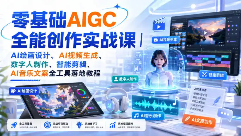 零基础AIGC全能创作实战课｜AI绘画设计、AI视频生成、数字人制作、智能剪辑、AI音乐文案全工具落地教程-造梦栈
