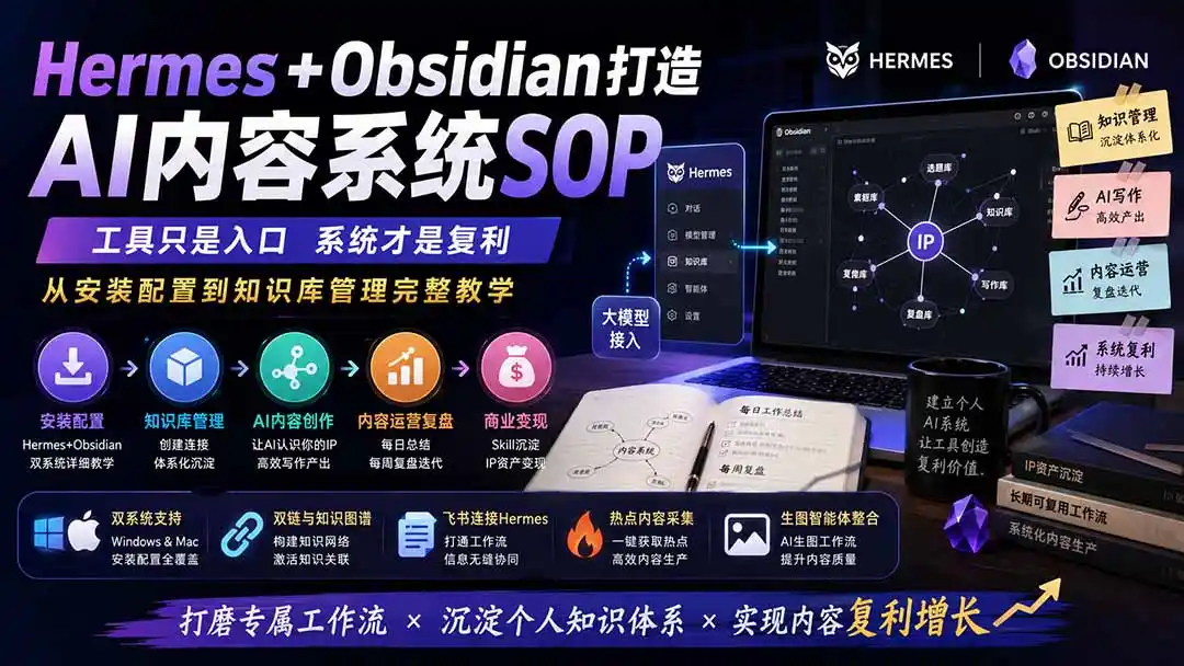 Hermes+Obsidian打造AI内容系统SOP；工具只是入口系统才是复利，从安装配置到知识库管理完整教学-造梦栈