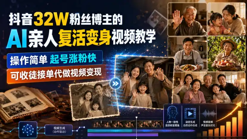 抖音32W粉丝博主的AI亲人复活变身视频教学，操作简单，起号涨粉快，可收徒接单代做视频变现-造梦栈