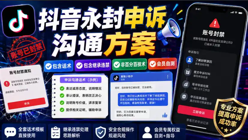 抖音永封申诉沟通方案，包含话术，包含继承违禁，非百分百技术，会员自测-造梦栈