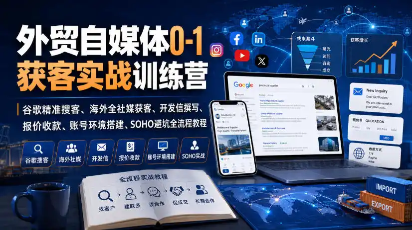 外贸自媒体0-1获客实战训练营｜谷歌精准搜客、海外全社媒获客、开发信撰写、报价收款、账号环境搭建、SOHO避坑全流程教程(更新)-造梦栈