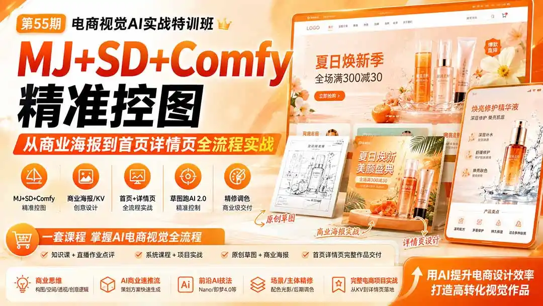 电商视觉 AI实战训练营第55期：MJ+SD+Comfy精准控图，从商业海报到首页详情页全流程实战-造梦栈