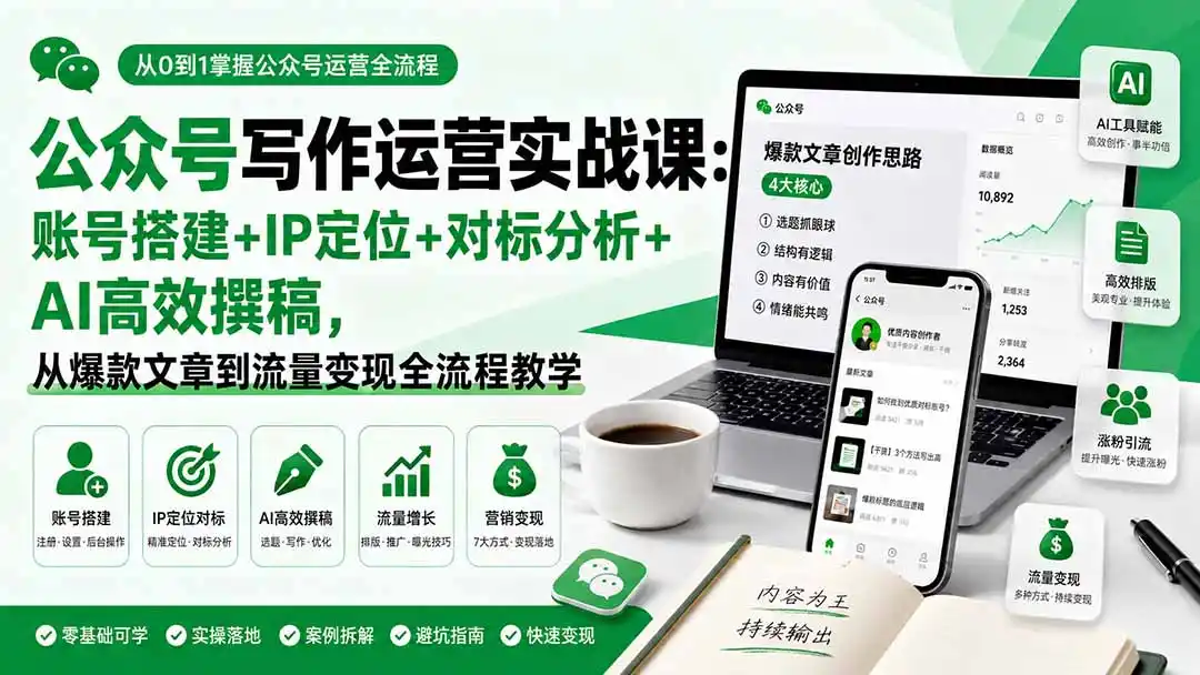 公众号写作运营实战课：账号搭建+IP定位+对标分析+AI高效撰稿，从爆款文章到流量变现全流程教学-造梦栈