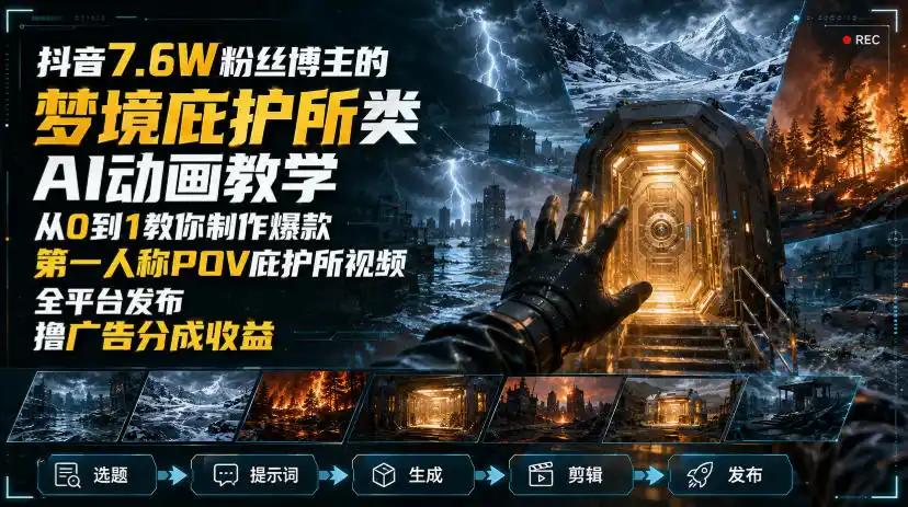 抖音7.6W粉丝博主的梦境庇护所类AI动画教学，从0到1教你制作爆款第一人称POV庇护所视频，全平台发布撸广告分成收益-造梦栈