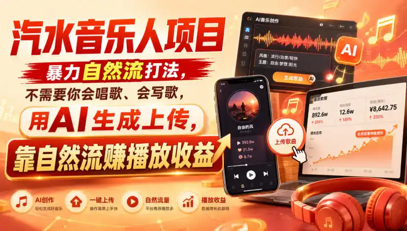 汽水音乐人项目，暴力自然流打法，不需要你会唱歌、会写歌，用AI生成上传，靠自然流賺播放收益-造梦栈