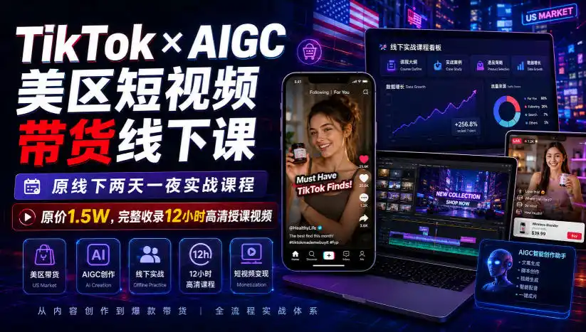 TikTok×AIGC美区短视频带货线下课，原线下两天一夜实战课程，原价1.5W，完整收录12小时高清授课视频-造梦栈
