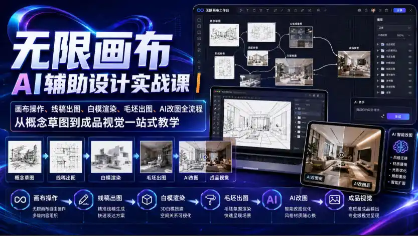 无限画布AI辅助设计实战课｜画布操作、线稿出图、白模渲染、毛坯出图、AI改图全流程，从概念草图到成品视觉一站式教学-造梦栈