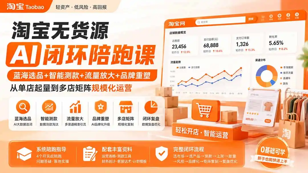 淘宝无货源AI闭环陪跑课：蓝海选品+智能测款+流量放大+品牌重塑，从单店起量到多店矩阵规模化运营-造梦栈