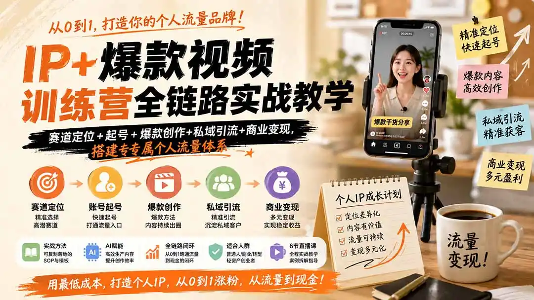 IP+爆款视频训练营全链路实战教学；赛道定位+起号+爆款创作+私域引流+商业变现，搭建专属个人流量体系-造梦栈