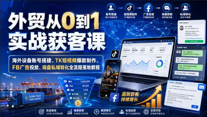 外贸从0到1实战获客课｜海外设备账号搭建、TK短视频爆款制作、FB广告投放、询盘私域转化全流程落地教程-造梦栈