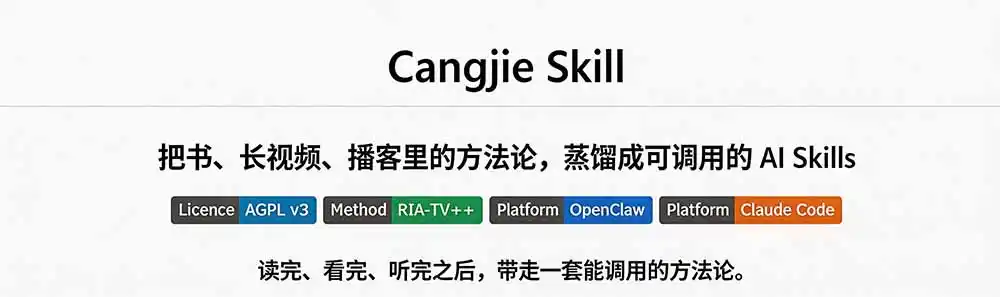 图片[1]-全网走红！GitHub上6.7K Star的开源项目，把任何书、长视频、播客蒸馏成AI工具，值得收藏 cangjie-skill-造梦栈
